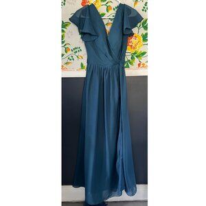 YMSHA Short Sleeve Bridesmaid Dress with Slit 2023 V Neck Pleated Part teal sz 4
